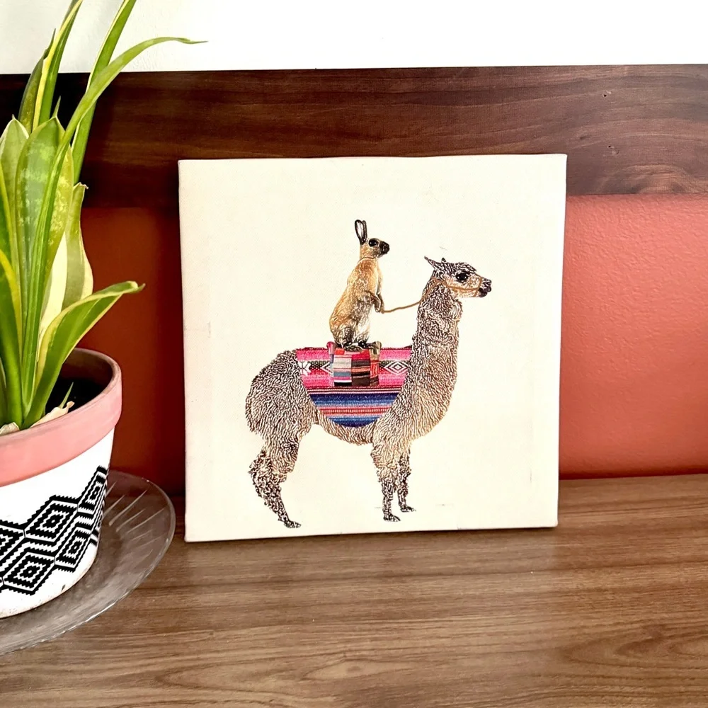 Alpaca with Hare Claudia Schoen Rabbit Llama Art Canvas Wall Hanging Animal Art